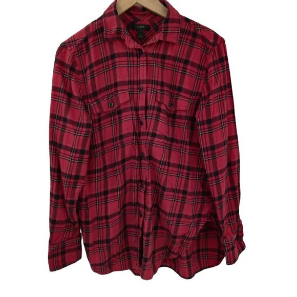 J Crew Flannel Plaid Button Up Shirt Size 8 Red Black Tunic Womens Buffalo - Picture 1 of 9